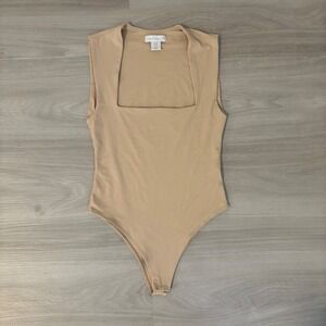 House of Harlow 1960 Thong Bodysuit Women Square Neck Sleeveless Beige Size M